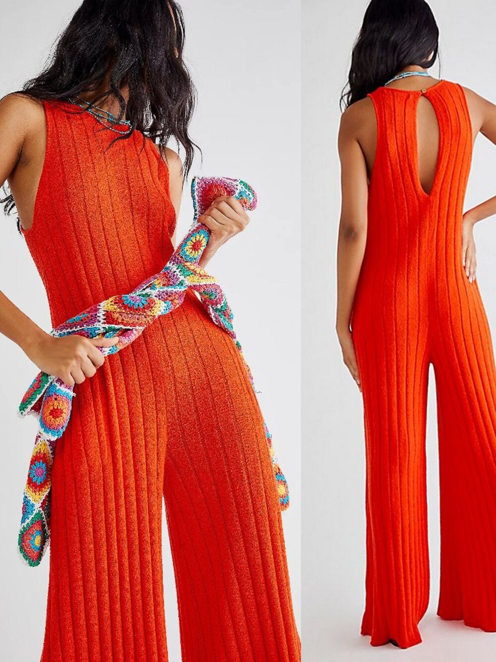 Free People Easy Living Sweater Flare  Coral Wide Legs Jumpsuit Small